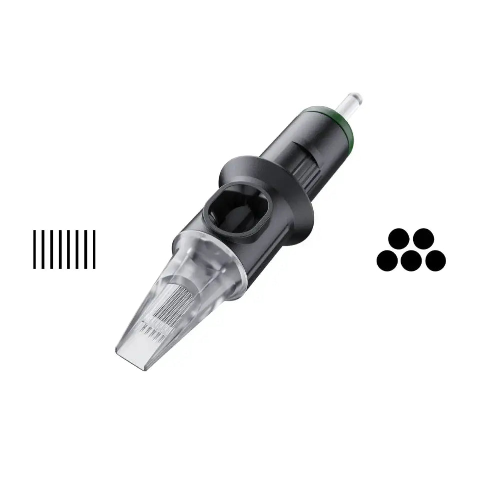 Cheyenne safety magnum tattoo needle cartridge in black and clear with a green accent ring for precise shading