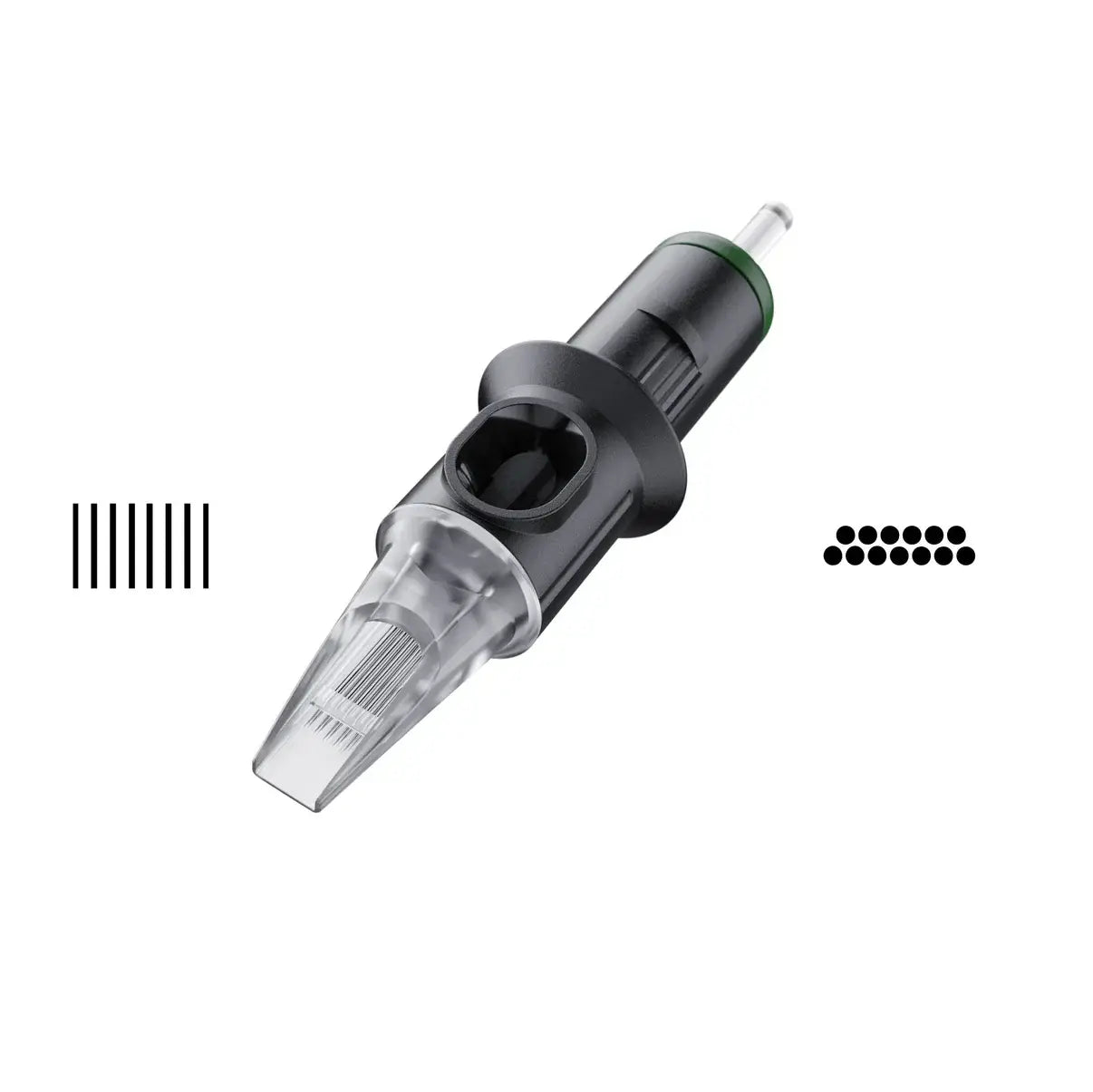 Black and clear cheyenne safety magnum tattoo needle cartridge with green accent ring for precise ink application