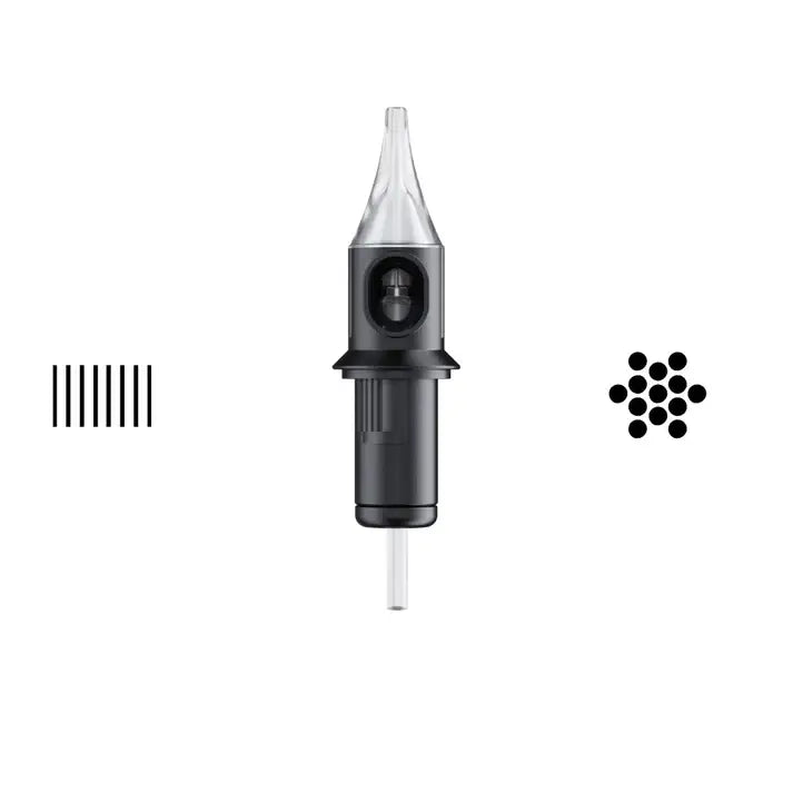Black cheyenne round liner tattoo needle cartridge with clear plastic tip and metallic shaft for safety use