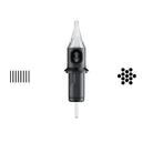 Black cheyenne round liner tattoo needle cartridge with clear plastic tip and metallic shaft for safety use