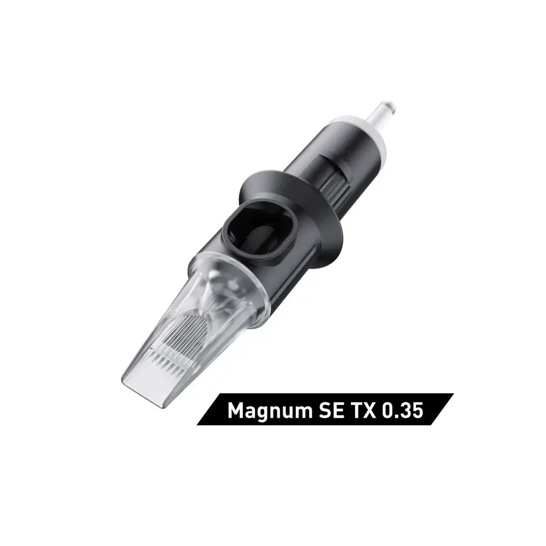 Cheyenne cartridges safety tx curved magnum tattoo needle in black and clear plastic with a transparent tip housing fine needles