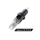 Cheyenne cartridges safety tx curved magnum tattoo needle in black and clear plastic with a transparent tip housing fine needles