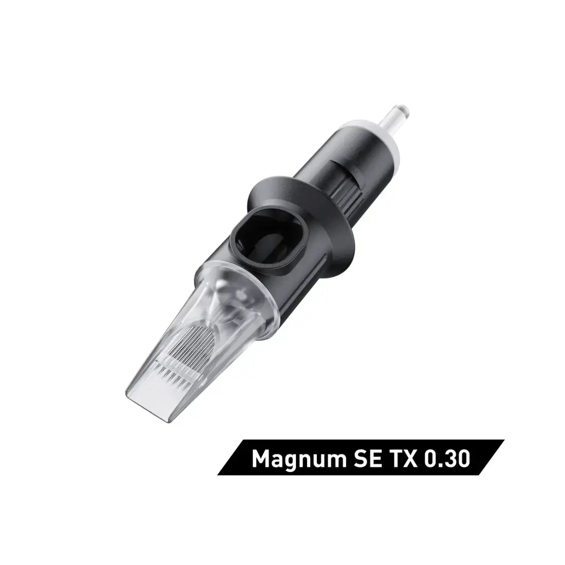 Black and clear cheyenne curved magnum tattoo needle cartridge with metallic tip labeled magnum se tx 0.30