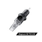 Black and clear cheyenne curved magnum tattoo needle cartridge with metallic tip labeled magnum se tx 0.30