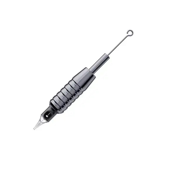 Black metallic cheyenne tattoo machine with textured silver fixed grip 19 mm and curved needle tip
