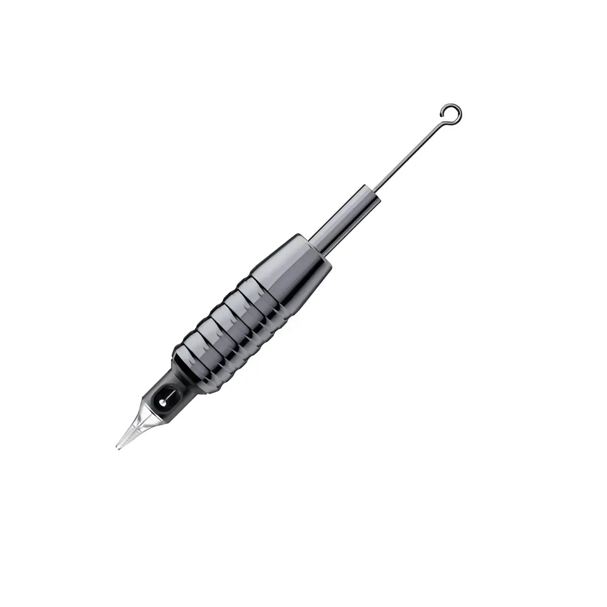 Black metallic cheyenne tattoo machine with textured silver fixed grip 19 mm and curved needle tip