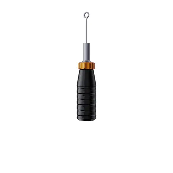 Black textured grip tattoo machine with silver needle and orange adjustment collar from cheyenne flex grips series