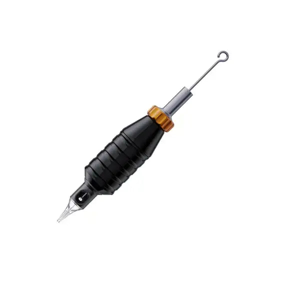 Black ergonomic cheyenne flex grips tattoo machine with gold-colored grip and silver needle tip for precise inking