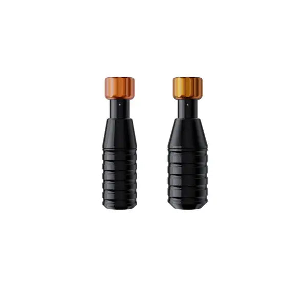 Black tattoo machine grips with orange caps from cheyenne hawk hand grips for comfortable tool handling