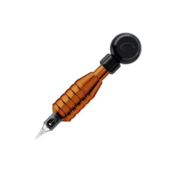 Orange and black CHEYENNE HAWK tattoo machine with textured grip and circular dial for precise hand grip control
