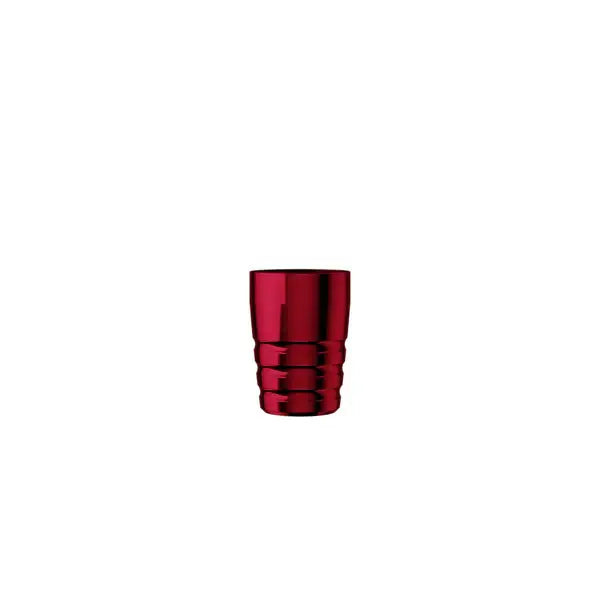 A sleek metallic red cheyenne hawk pen grip tumbler with ribbed texture and reflective surface