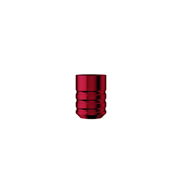 Red metallic cylindrical tattoo machine grip with textured ridges from cheyenne hawk pen grips series