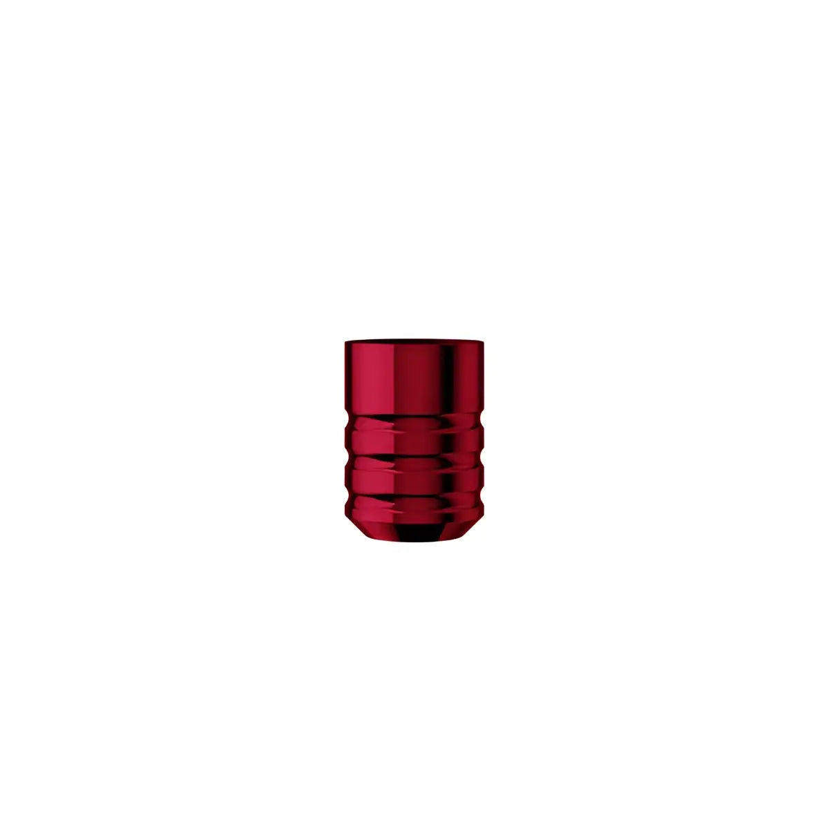 Red metallic cylindrical tattoo machine grip with textured ridges from cheyenne hawk pen grips series