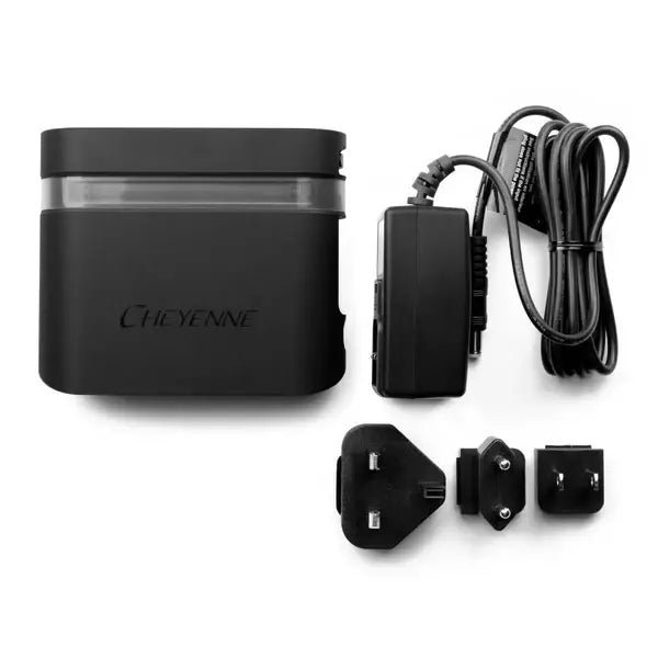 Black cheyenne hawk pu iii travel charger with integrated power bank and multiple international plug adapters