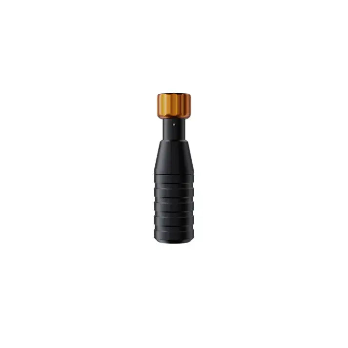 Black cheyenne sol grips tattoo machine with gold ridged top cap designed for professional tattoo artists