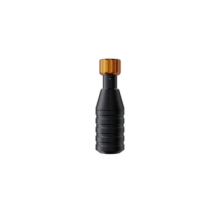 Black textured grip tattoo machine handle with gold threaded top cap from cheyenne sol grips collection