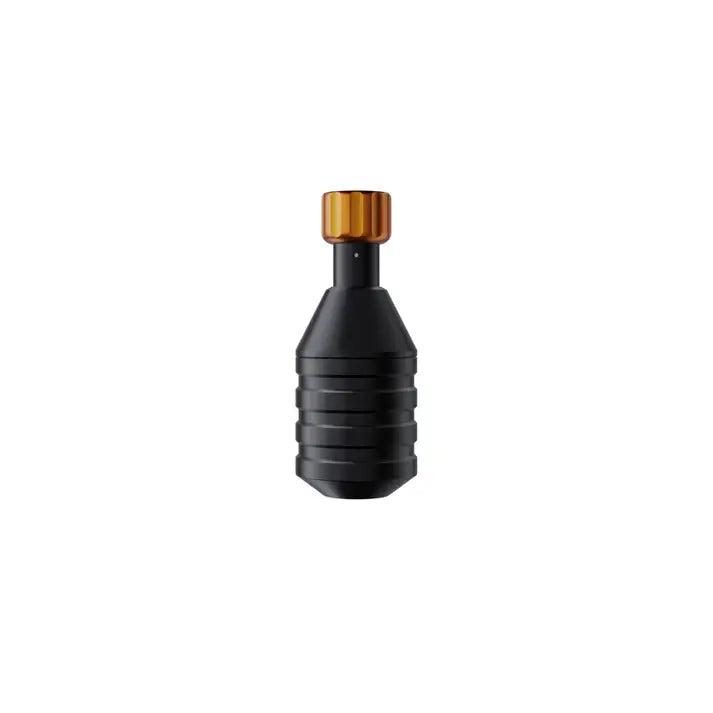 Cheyenne sol tattoo machine grip in black with gold threaded top and textured ridges for secure handling