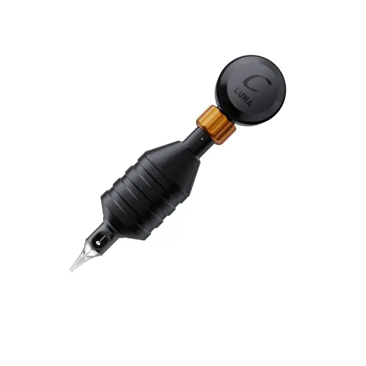 Black cheyenne sol grips luna tattoo machine with textured grip and amber adjustment knob visible from front side