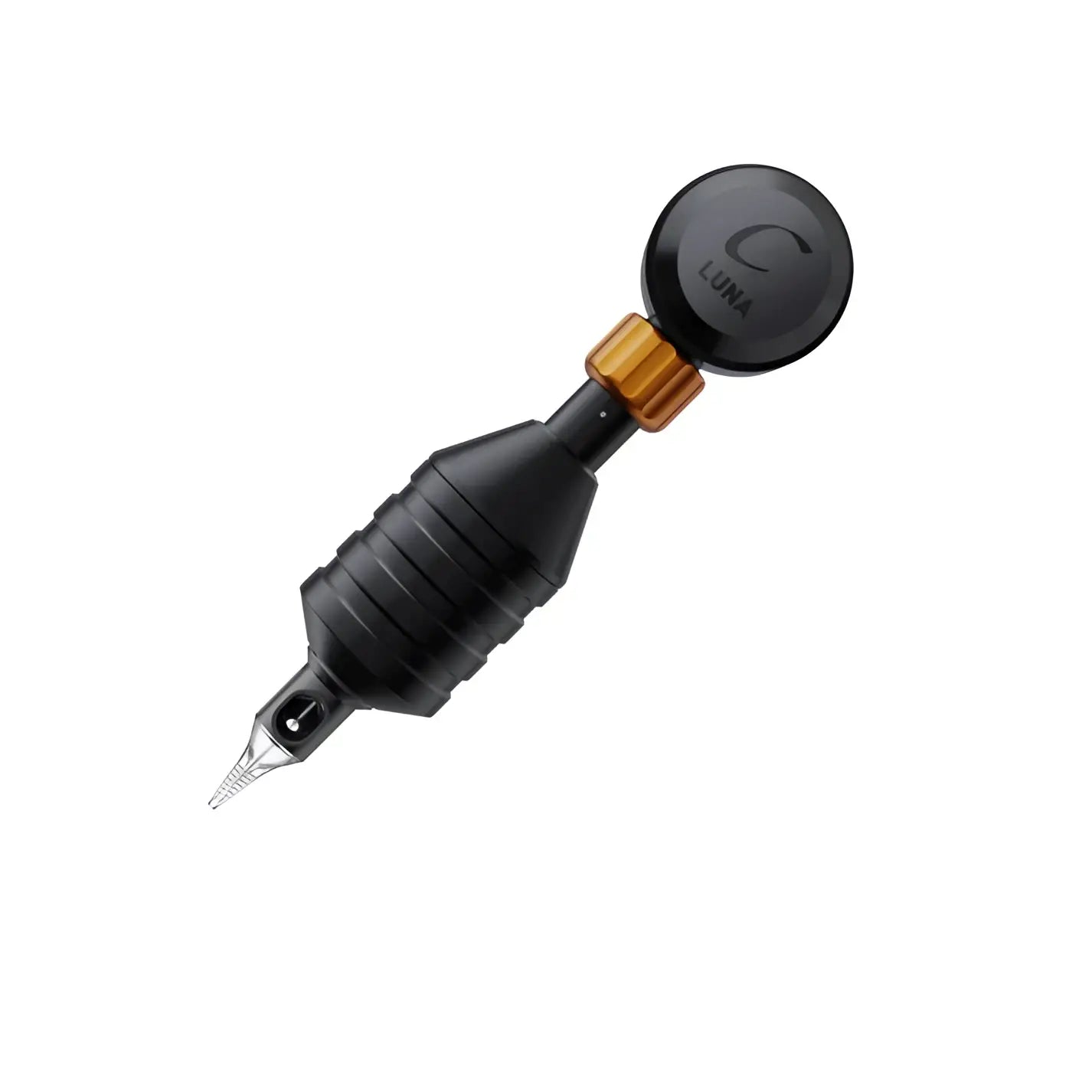 Black cheyenne sol grips luna tattoo machine with textured grip and amber adjustment knob visible from front side
