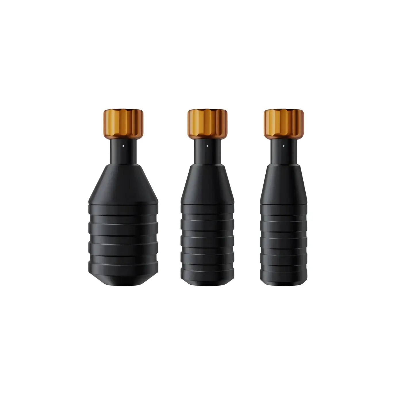 Three black cheyenne sol tattoo machine grips with gold-colored ridged tops for precise grip and control