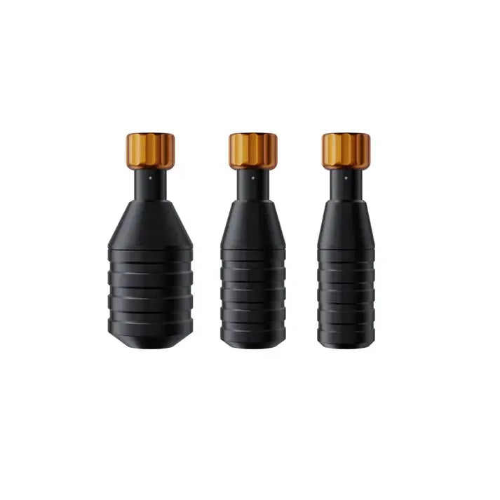Three black cheyenne sol tattoo machine grips with gold-colored ridged tops for precise grip and control