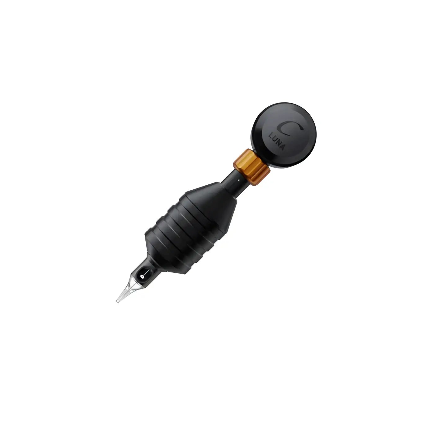 Schwarze CHEYENNE Sol Luna Tattoo-Maschine mit goldenen Akzenten und transparentem Nadel-TIP, 25 mm Shader-Modell