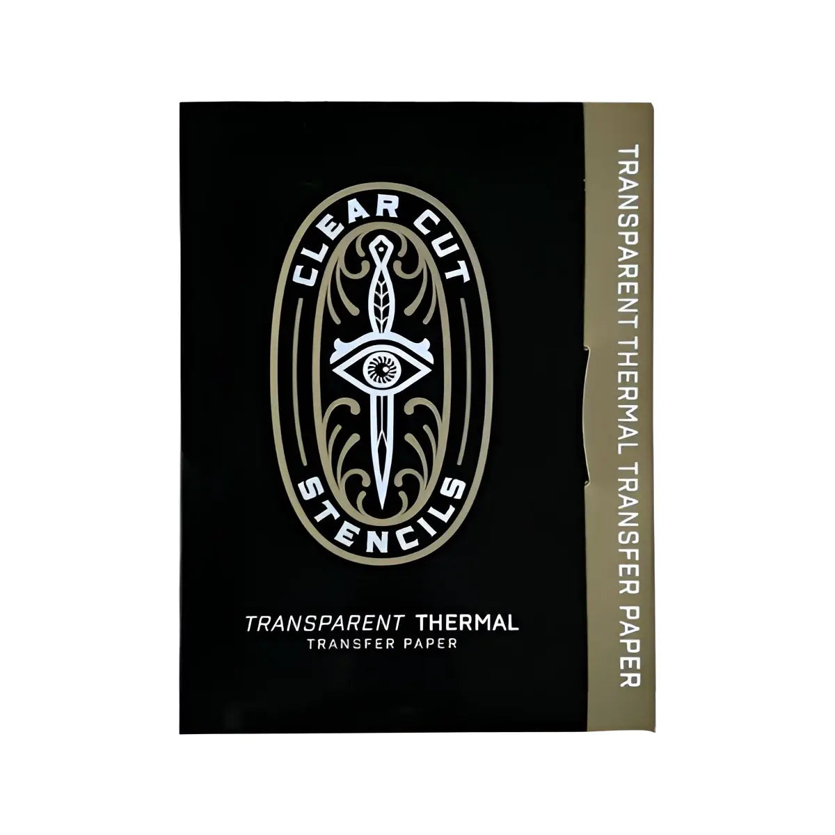 Paquet rectangulaire noir de papier stencil transparent pour transfert thermique CLEAR CUT au format A4 avec logo argenté œil et dague