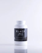 White plastic bottle with black label featuring coal black artified black jell product for coloring or coating use