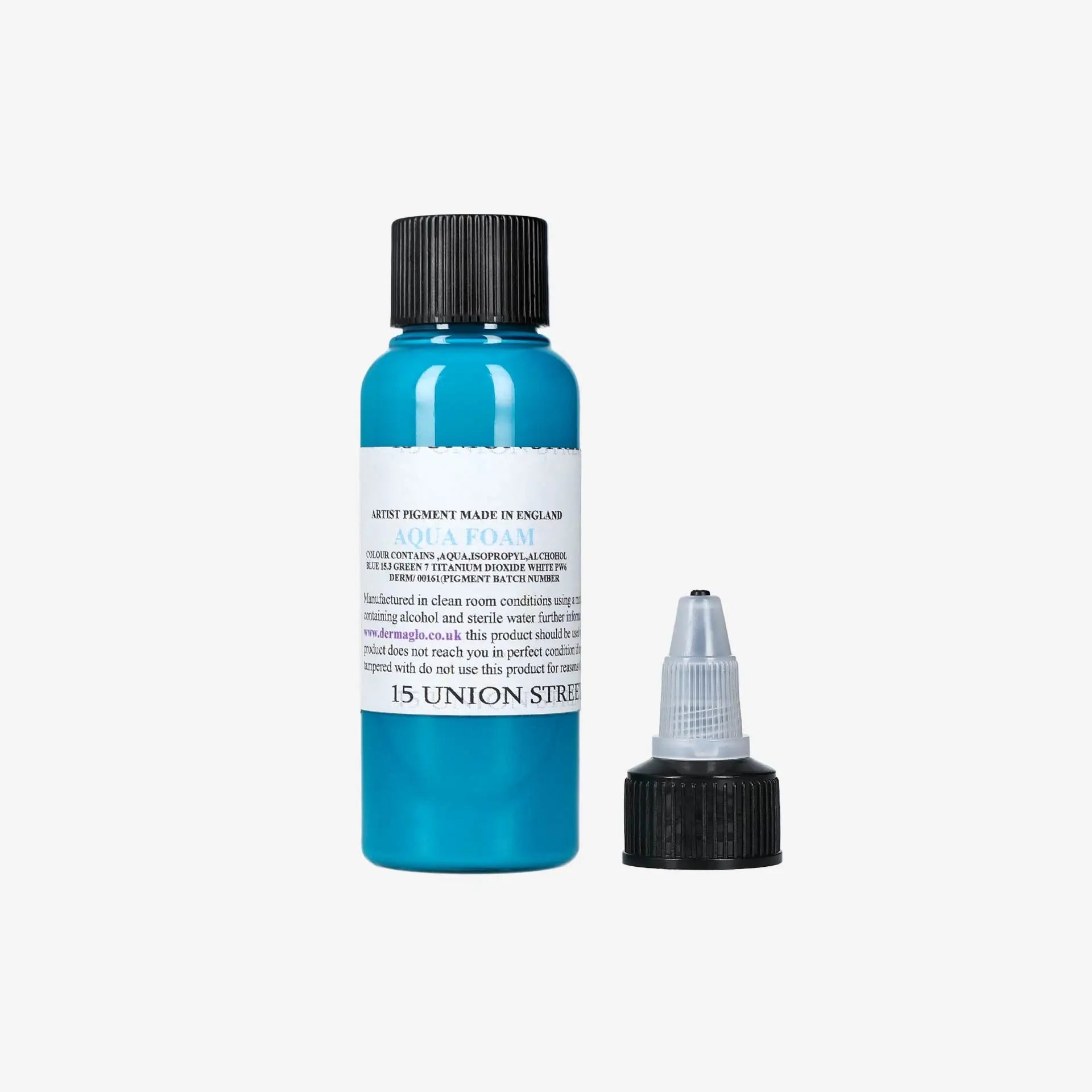 A vibrant turquoise blue dermaglo aqua foam artist pigment bottle with black ribbed cap and aqua foam label