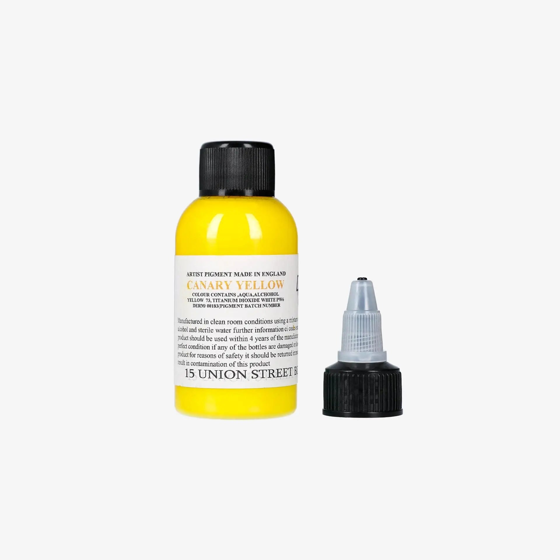 Helles Kanariengelb-Künstlerpigment in Flasche mit schwarzem Verschluss und Pipette, 15 Union Street dermaglo