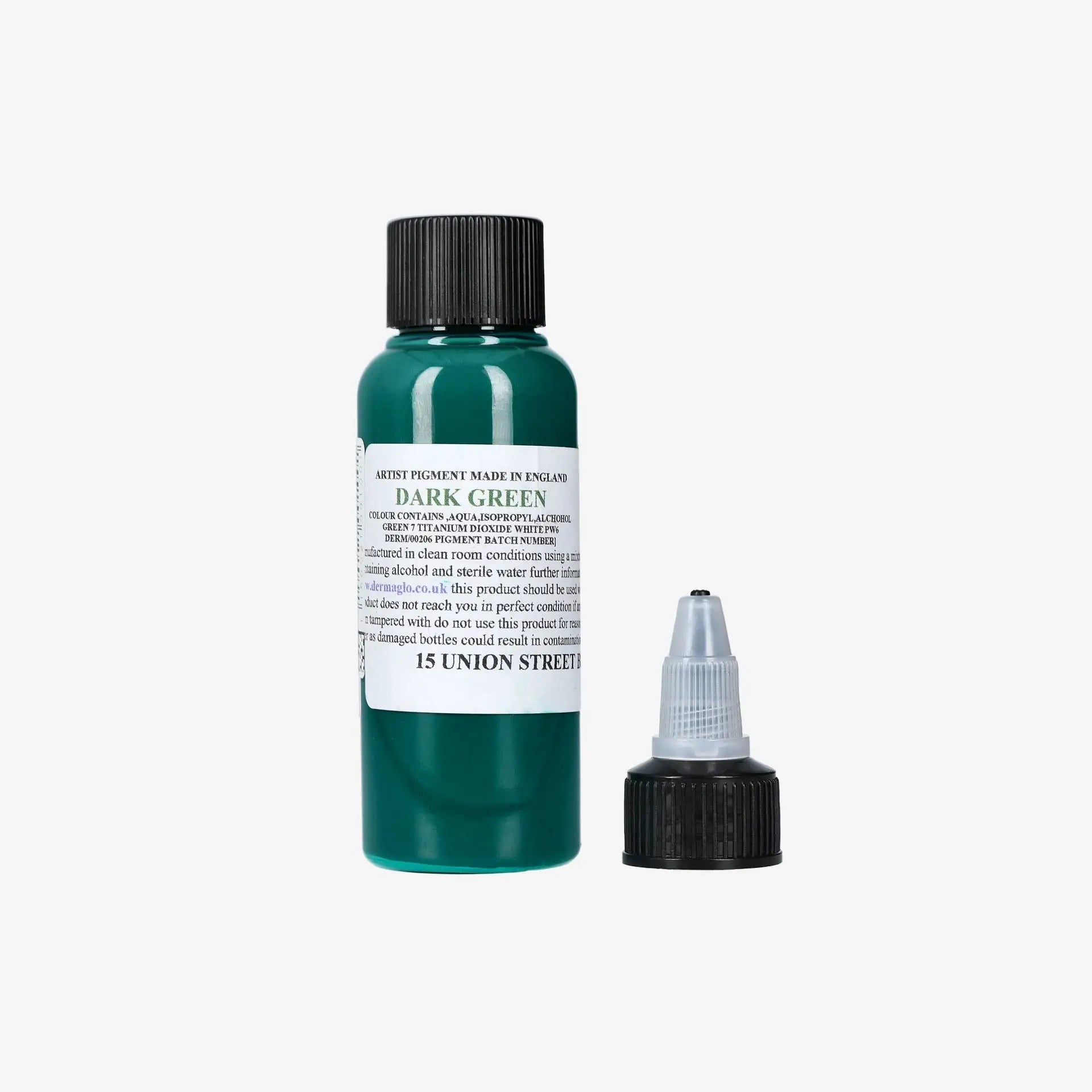 Dark green artist pigment in a translucent bottle with black ribbed cap and dropper labeled 15 union street dermaglo