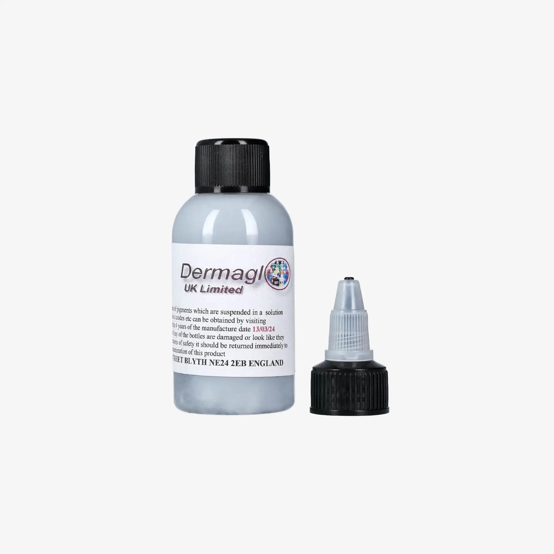 dermaglo durchscheinende graue Hautpflegeflasche mit schwarzem Schraubverschluss und klarem Feintropfer für präzises Auftragen