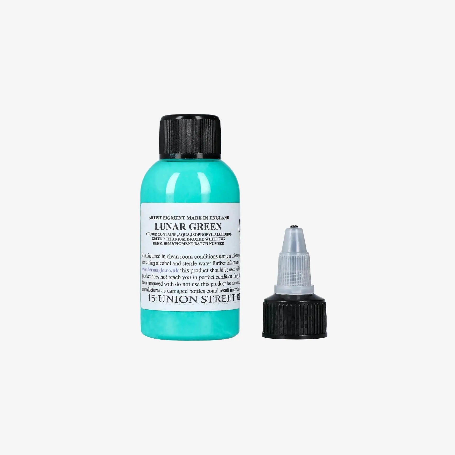A transparent türkisfarbenes Fläschchen mit dermaglo Lunar Green Künstlerpigment, schwarzem Schraubverschluss und angeschlossenem Tropfer