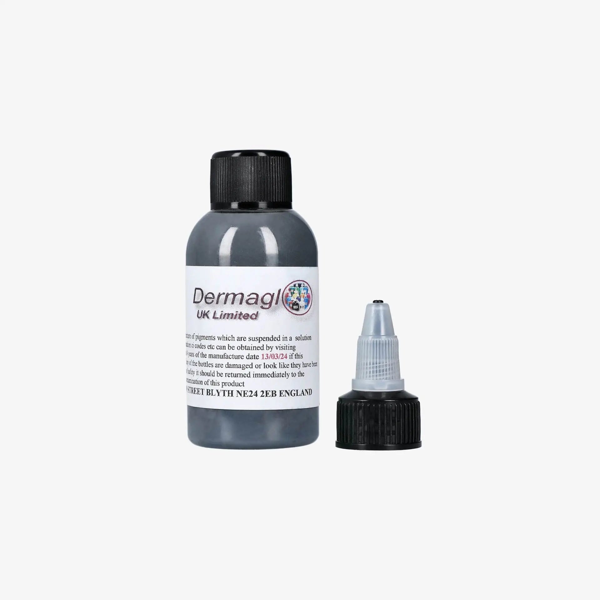 A dark gray opaque plastic dropper bottle with a black cap from dermaglo naval grey product line