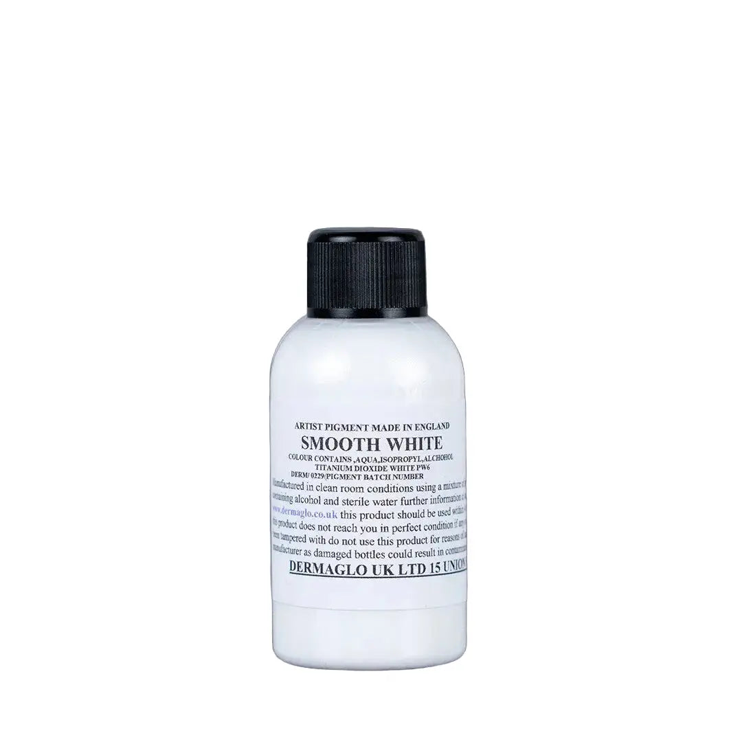 A sleek white artist pigment bottle with a black ribbed cap labeled smooth white by Dermaglo UK Ltd