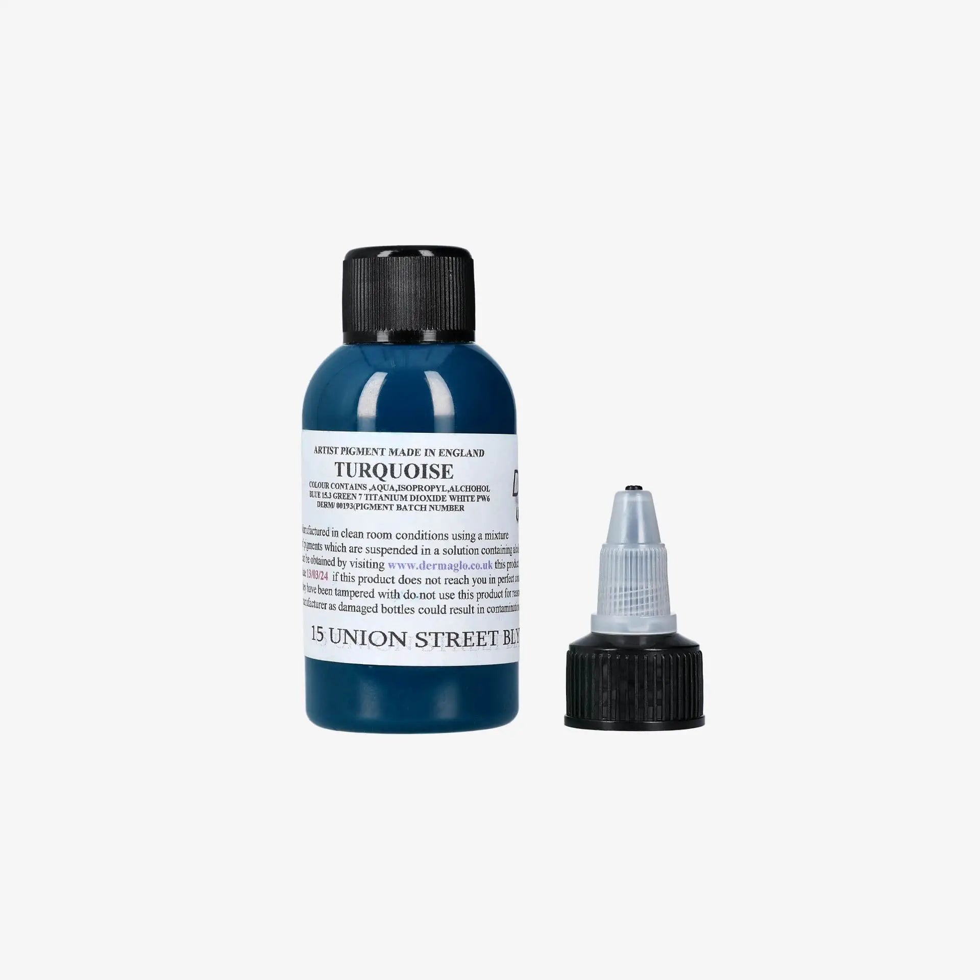 Dermaglo turquoise artist pigment in a sleek blue glass bottle with black cap and matching dropper for precise use
