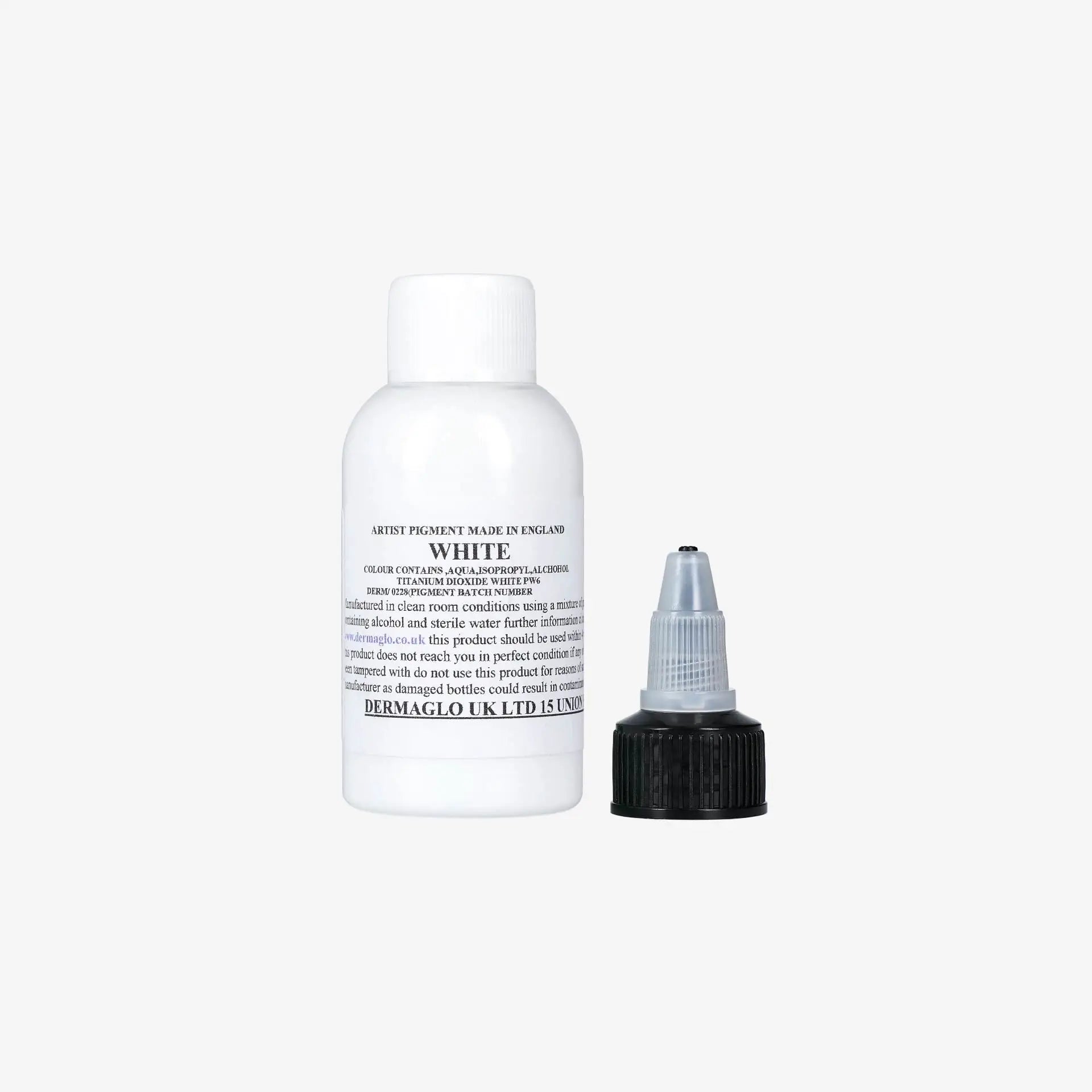 White artist pigment bottle with black dropper cap labeled white by dermaglo uk ltd in dermaglo white product