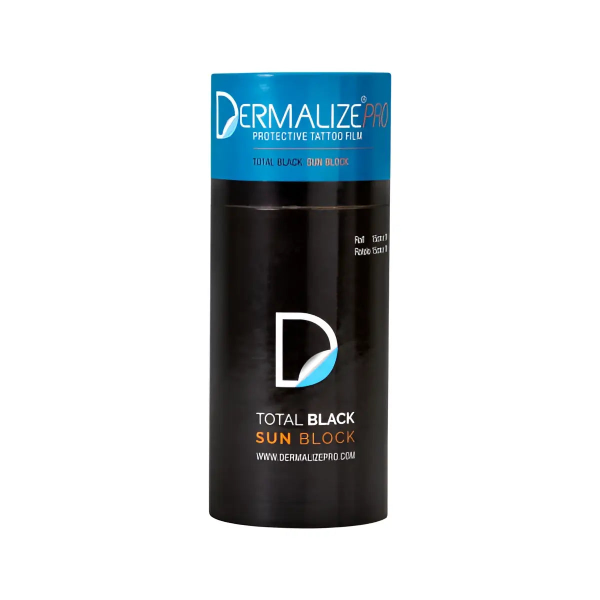 Schwarze zylindrische tube mit DERMALIZE pro total black sun block schützender Tattoo-Folie, blauem Verschluss und weißem Logo