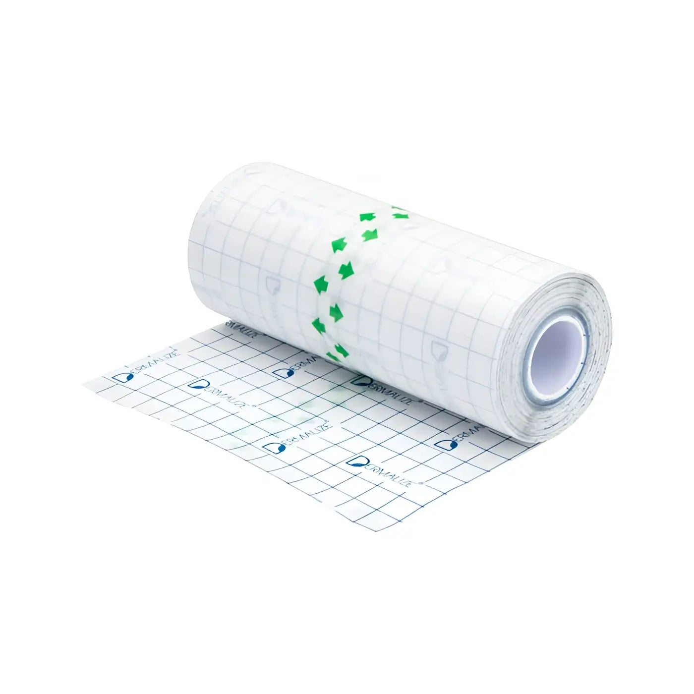 A roll of white grid-patterned adhesive protective tattoo film tape with green arrows and dermatix logo in blue