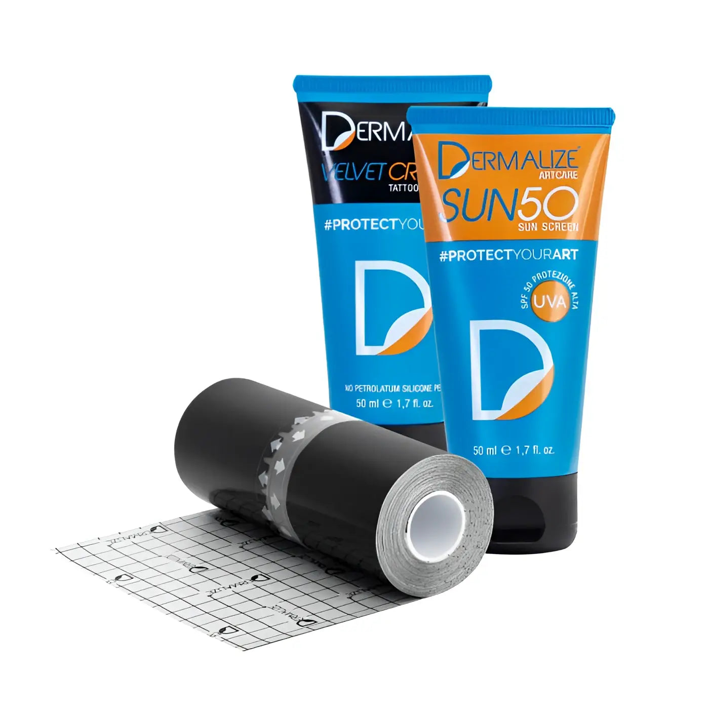 Blaue und orangefarbene Dermalize ArtCare Sun 50 Sonnenschutz-TUBES mit schwarzer Schutzfolienrolle im Dermalize Summercare Kit