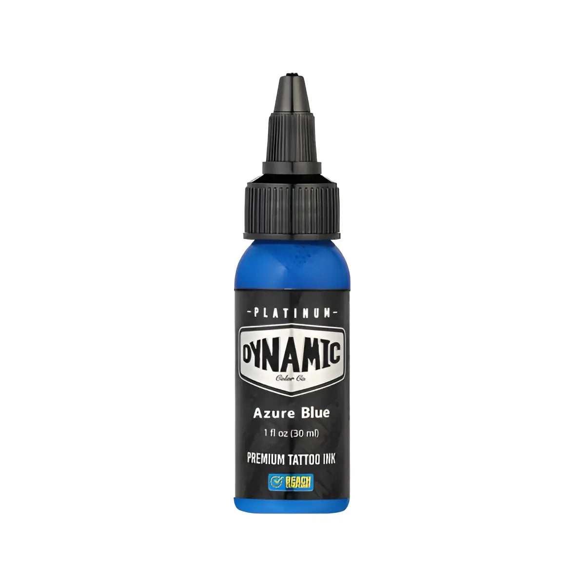 Lebendige blaue Plastikflasche mit dynamic platinum azure blue Premium-Farben für Tattoos, schwarzem Schraubverschluss und Etikett
