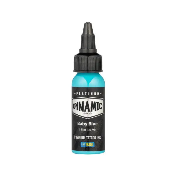 A sleek translucent turquoise bottle of dynamic platinum baby blue tattoo ink with a black screw-on cap