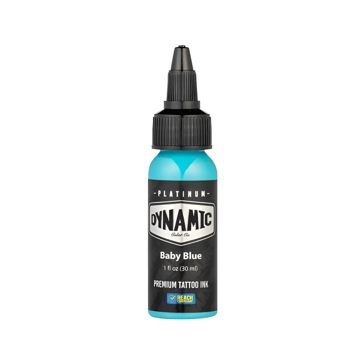 Eine elegante, durchscheinende türkisfarbene Flasche dynamic Platin-Babyblau-Tattoo-Farben mit schwarzem Schraubverschluss