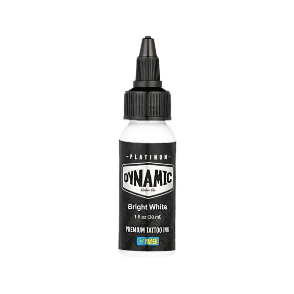 A sleek black and white bottle of dynamic platinum bright white tattoo ink with a precise dropper tip for professional use