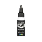 A sleek black and white bottle of dynamic platinum bright white tattoo ink with a precise dropper tip for professional use