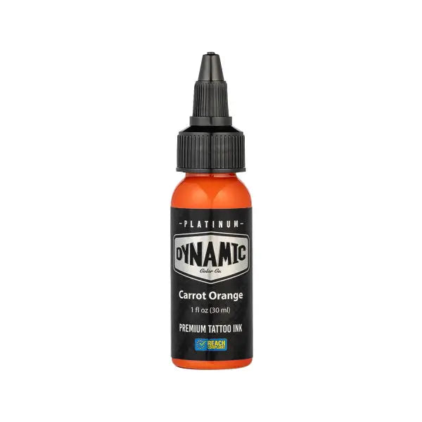 Carrot orange tattoo ink in a 30 ml dynamic platinum sleek black bottle with a precision dropper tip