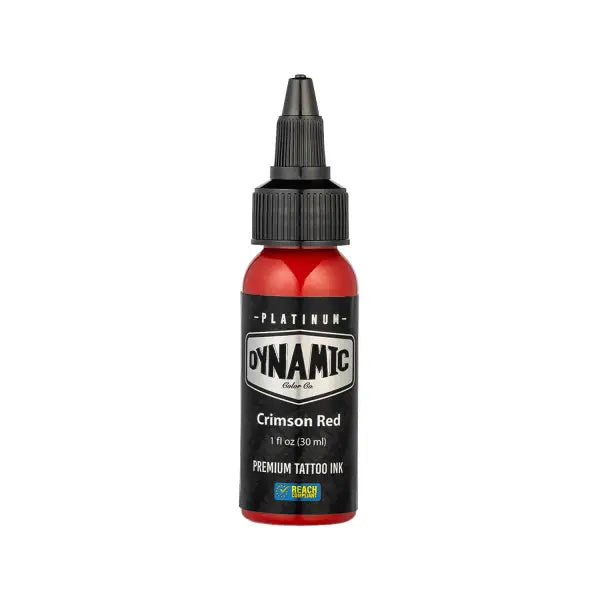 Crimson red tattoo ink in a sleek translucent red 30 ml bottle with black cap and label by dynamic platinum