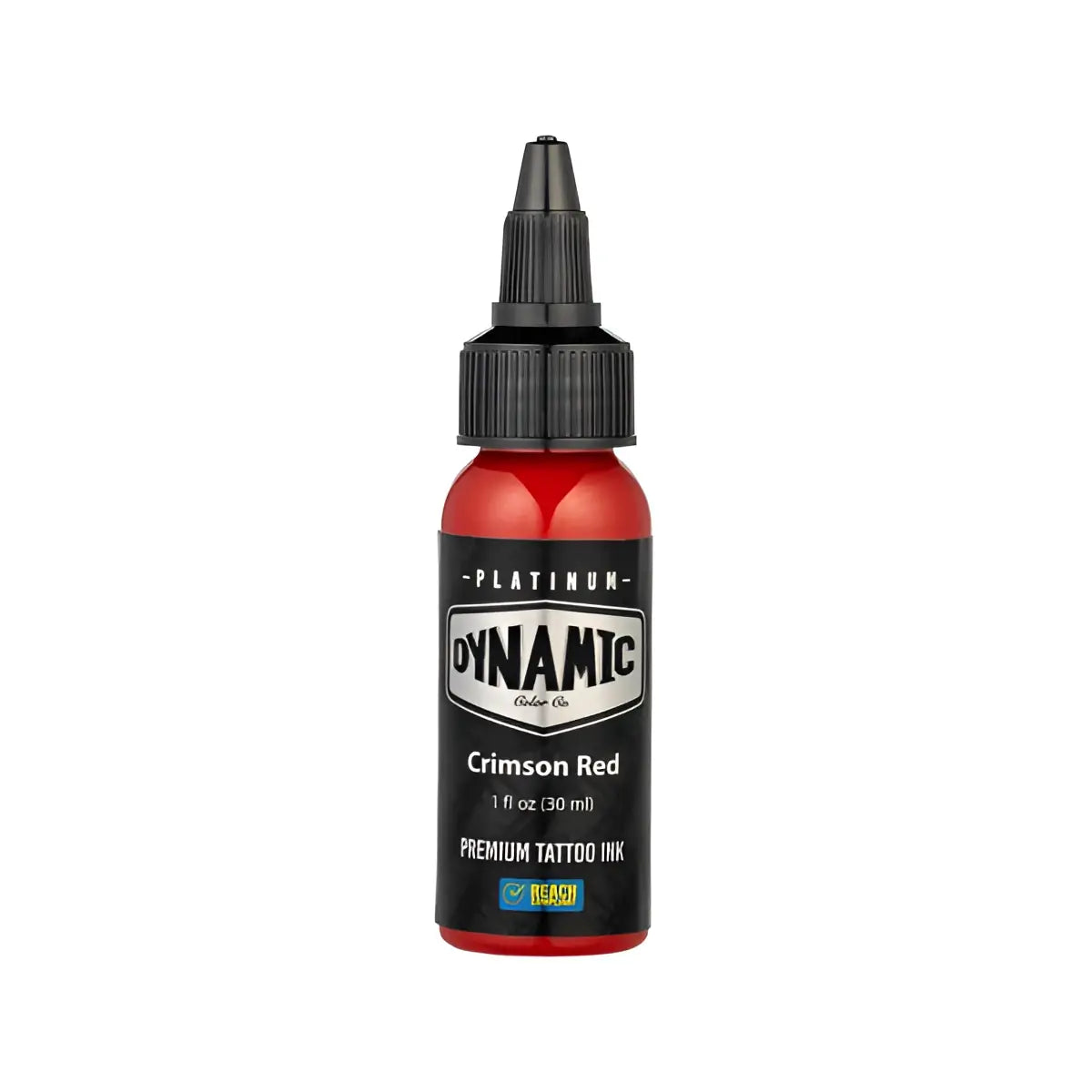 Crimson red tattoo ink in a sleek translucent red 30 ml bottle with black cap and label by dynamic platinum