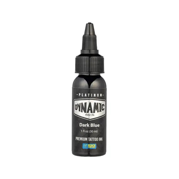 Black plastic bottle of dynamic tattoo co platinum dark blue ink 30 ml shown from the back side
