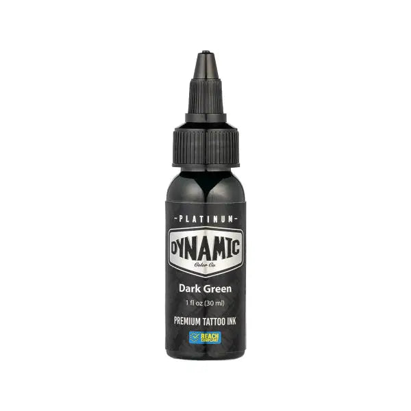 Black plastic bottle of dynamic platinum dark green tattoo ink with black dropper cap from earth set 5x30 ml